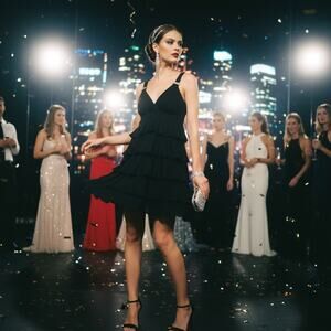 Betsy Johnson Black Layered Party Evening Dress With Rhinestones Women's Size S